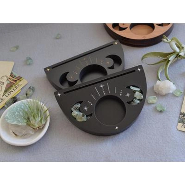 Triple Moon Tarot Card Holder: Tea Light Altar Stand, Authentic Crystal Chips Option