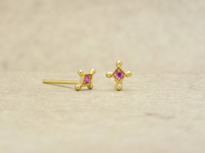 18k Gold Pink Sapphire Star Stud Earrings: Tiny Second Hole Studs