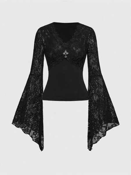 Goth Top con scollo a V in pizzo a strati, maniche a sbuffo, stile gotico sexy, adatto per appuntamenti di San Valentino