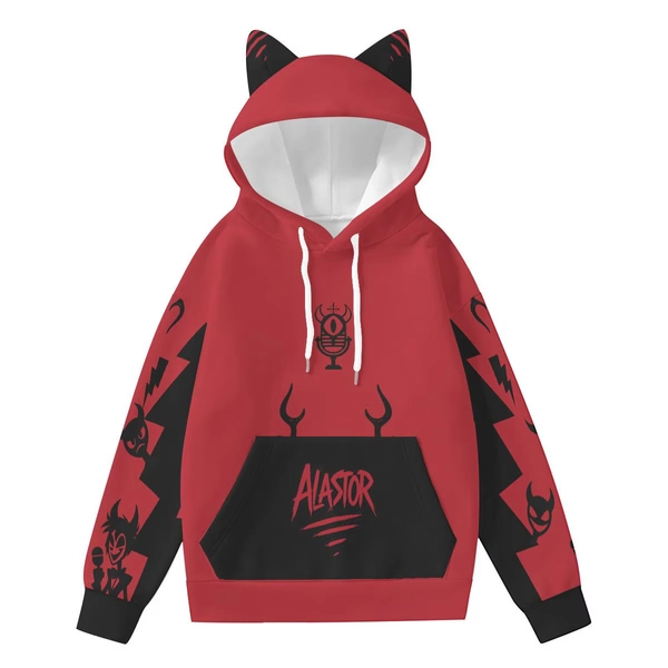 Alastor Cat Ear Hoodie – Hazbin Hotel Cosplay Hoodie – Demoncore Anime Streetwear – Unisex Cute Gothic Alastor Gift for Fans