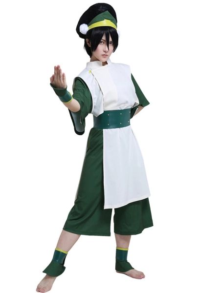 Avatar Airbender Toph Beifong Adult Green Kungfu Suit Cosplay Costume with Hairband