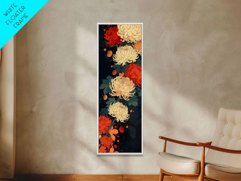 Blooming Chrysanthemums in Rich Autumn Colors - Skinny Art, Japanese Wall Decor, Framed Canvas Print, Ukiyo-e Style - Etsy