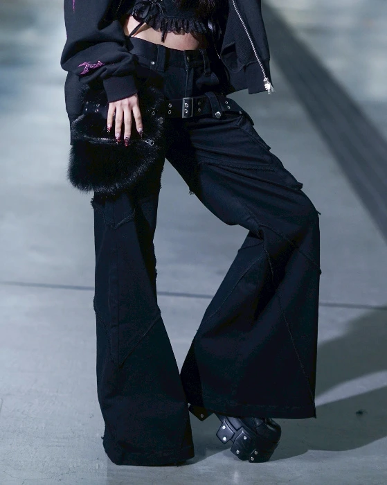 Flared Denim Pants with Fur Pouch Belt