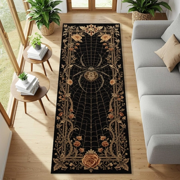 Patchly'S Spider Web Gothic Runner Rug | Black Velvet Aesthetic Carpet with Gothic Roses and Baroque Detailing, Polyester, Machine Made, Non-woven Fabric, Machine Washable