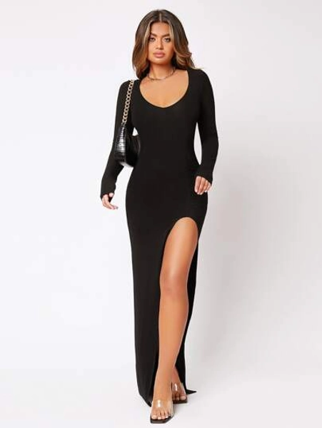 SHEIN SXY Spring And Summer Thigh-High Slit Scoop Neck Flirty Tight Black Long-Sleeved Dress,Tea Party Dress,Summer Dresses For Women
