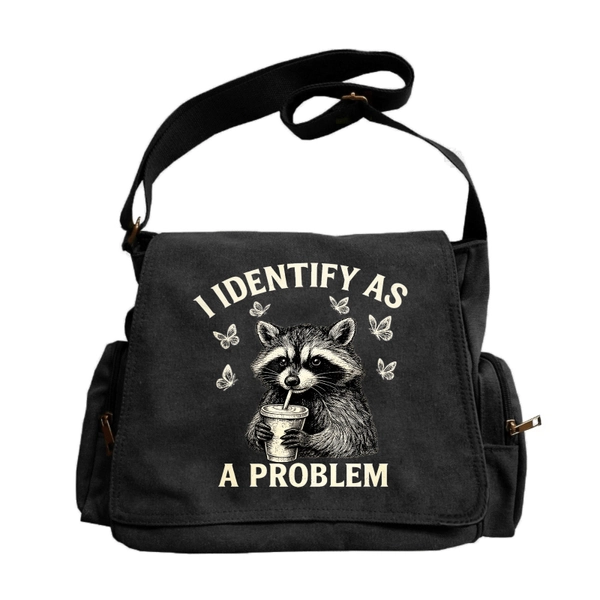 TEMU Bag Large-capacity Retro Tote Messenger Bag With Raccoon-themed Beverage Cup Holder & 'i Identify As A Problem' Text - Suitable For ,,, Casual