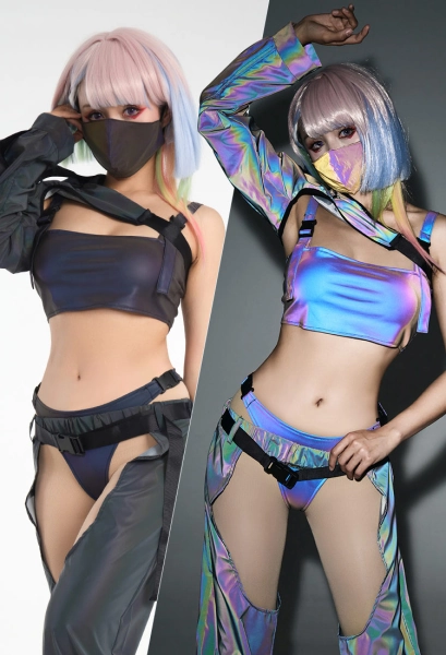 Cyberpunk Lucy Derivative One Shoulder Top Clubwear Party Buckle Reflective Short Tactical Vest Sleeve