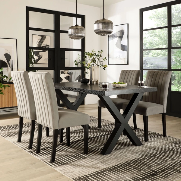 Franklin Dining Table & 4 Salisbury Chairs, Black Oak Effect & Black Steel, Grey Classic Velvet & Black Solid Hardwood, 150cm