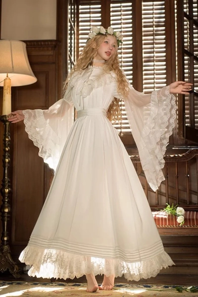 White Long Trumpet Sleeves Ruffle Lace Sweet Elegant Princess Lolita