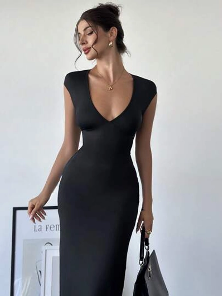 Firerie New Style Elegant & Sexy Bodycon Deep V-Neck Maxi Dress For Women, With Puffed Sleeve & Tie Waist Design, Suitable For Festival/Valentine's Day