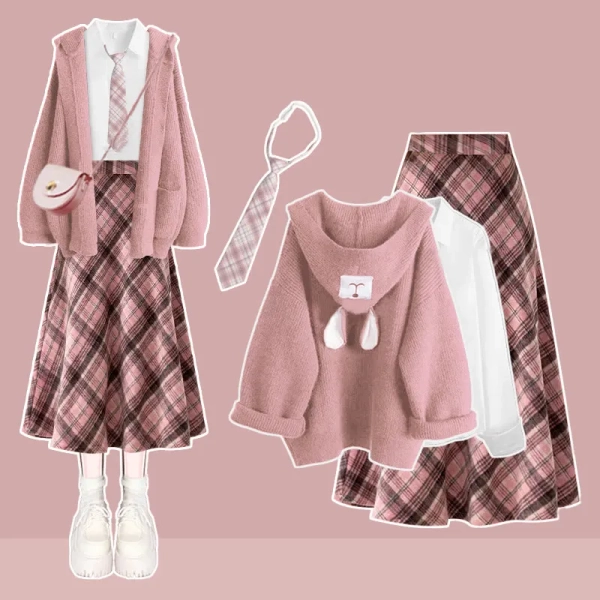 Shirt Tie Plaid Skirt Bear Ear Sweater Four Pieces Set