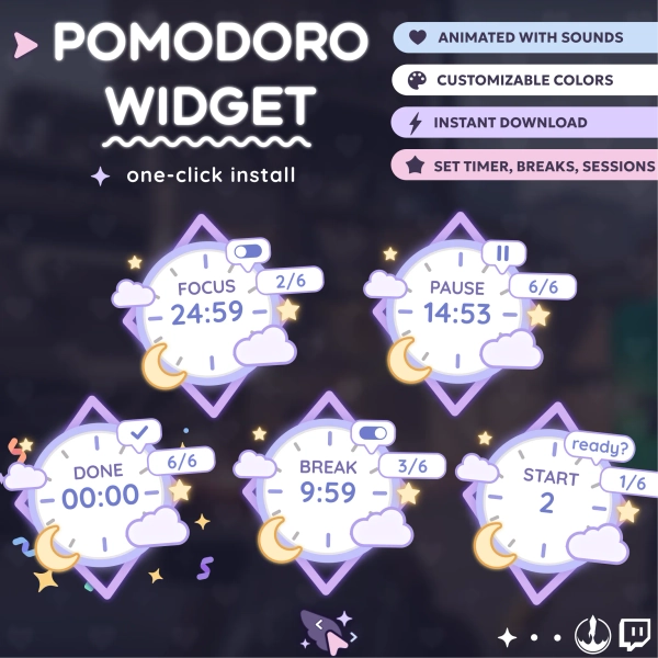 P2U Timer Pomodoro Stopwatch Widget l Clouds Moon Stars l Twitch l Customizable l StreamElements OBS StreamLabs l Widgets for streamers l by vryhoth (@vryhoth)
