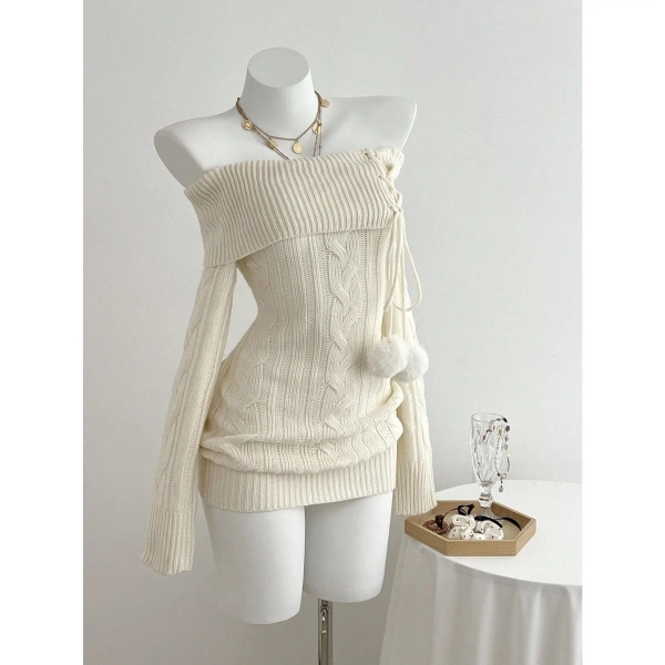 Women's Off-Shoulder Slim Knitwear Dress - Fitted Long Sleeve Feminine Basic Casual Dresses, Cozy Stretchy Solid Mini, Acrylic Soft Fabric for Autumn Winter Parties, Coffee Dates; Necklace-Matching, Jacket-Pairing, No Bleach, Flat Dry