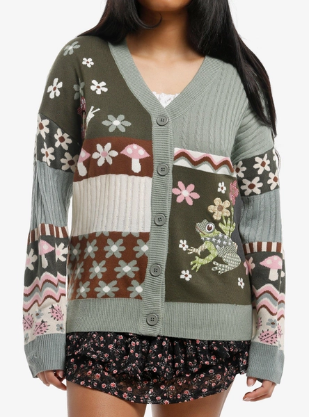 Thorn & Fable Frog & Snail Patchwork Girls Cardigan