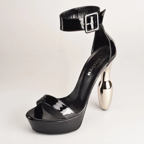 Latex England Star Sandals w/ chrome heels in blackchrome patent leather