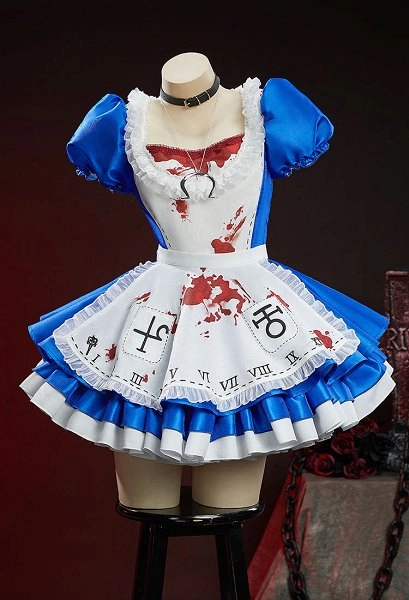Alice: Madness Returns Halloween Gothic Blue White Set Puff Sleeves Dress with Apron and Choker