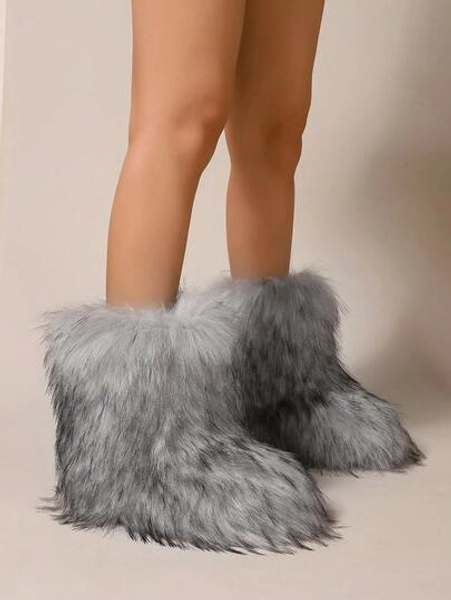 Women's Faux Fur Boots, Fluffy Round Toe Suede Winter Warm Comfortable Flat Short Boots For Indoor And Outdoor