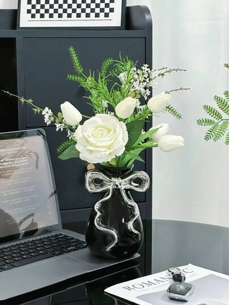 1pc Fashionable Ceramic Vase With Bow Decor, Girl Style Home Decor Vase, Romantic Wedding Decoration Bow-Shaped Ceramic Vase, Wedding Gift, Graduation Gift, Birthday Gift, Holiday Gift, Gift For Girlfriend/Boyfriend