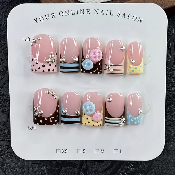 10pcs Handmade Y2K Short Square Press-On Nails, Pink Brown Tones with Blue 3D Button Decor And Brown Stripes, Hand-Painted Tips Accented with Tiny Silvery Beads, Cute Reusable False Nails for Party And Daily Wear for Women