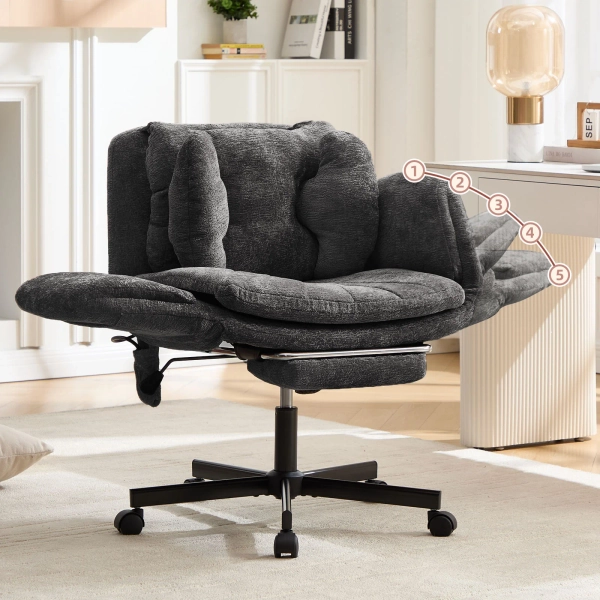 Cross Legged Office Chair With Wheels, Armless Desk Chair With Wide Seat And Tall Back, Ergonomic Curved Seat For Bedroom, Office & Home