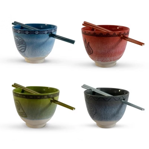 Bazillion Dreams Avatar The Last Airbender Four Nations Ramen Bowl Set | 4 Ramen Noodle Bowl Set with Chopsticks, 20 oz Bowls Set