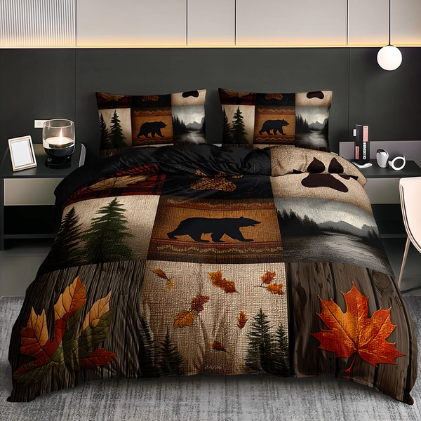 2/3-delige Herfst Esdoornblad Zwarte Beer   Landelijke   Dekbedovertrek Set (1 Dekbedovertrek + 1/2 Kussenslopen, Exclusief Kussenvullingen), High-Definition Print voor Alle Seizoenen Thuis- en Studentenkamer Gebruik