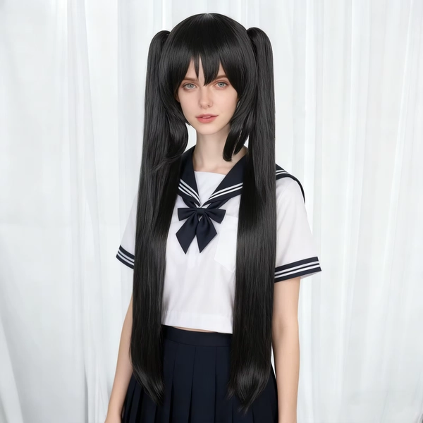 Lange zwarte pruik met dubbele staart en rechte pony, synthetisch hittebestendig voor vrouwen voor anime-cosplay - AliExpress 