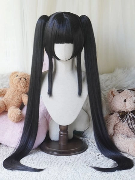 [$28.00]Black Bob Cut Short Wig With Bangs＋Double 100CM Straight Ponytail Claw Clips