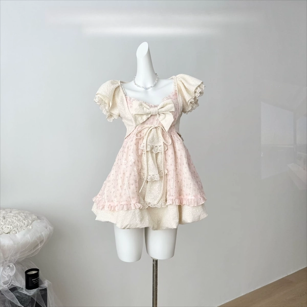 Sweet Lolita Bow Lace Dress Women Puff Sleeve Ruffle Layered Skirt Princess Style Vintage Cottagecore Fairycore Kawaii Outfits - AliExpress 