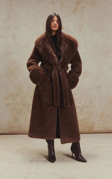 Chocolate Faux Fur Self Tie Oversized Coat