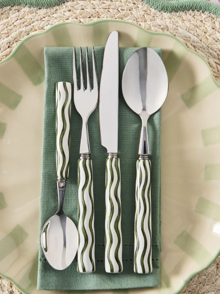 16 Piece Green Ceramic Handle Wiggle Pattern Cutlery 