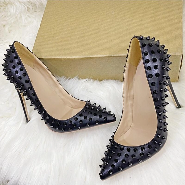 Pointed Black Rivet High Heels, Patent Leather, Sexy Shoes, with Pointed Rivets, Suitable for Parties and Clubs