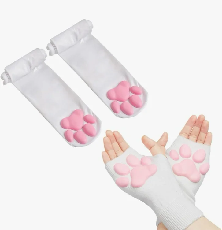 Cat Paw Thigh High Socks Golves, Girls Women Cosplay Soft 3D Toe Beans Mittens Kitten Paw Pad Stockings - White Socks&short Gloves