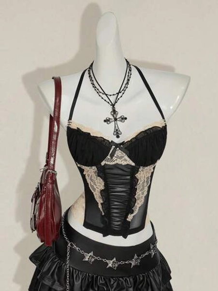 SHEIN ICON Y2K Style Lace Color Blocking Retro Camisole For Spring & Summer