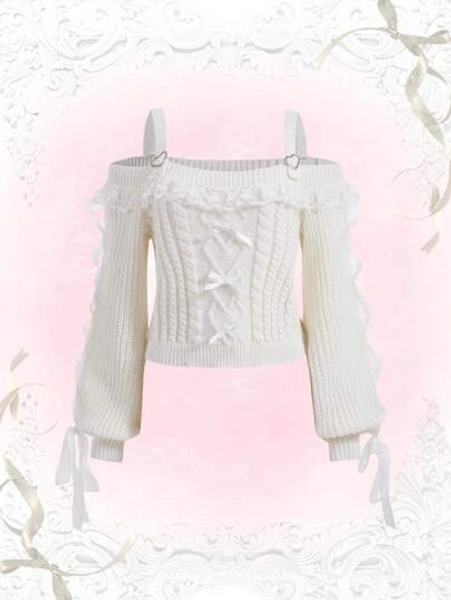 ROMWE Kawaii Cold Shoulder Lace Trim Bow Decor Cable Knit Sweater, School,Long Sleeve Tops