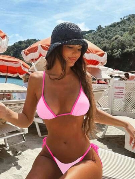 Bikini femme à bretelles contrastées sexy pour vacances, maillot de bain de plage