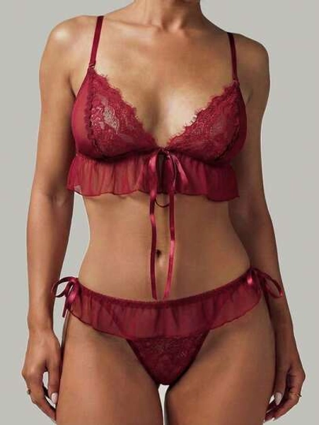 MISSGUIDED Lace Mesh Lingerie Set With Ruffle Details And Adjustable Straps For Intimate Occasions - Size L