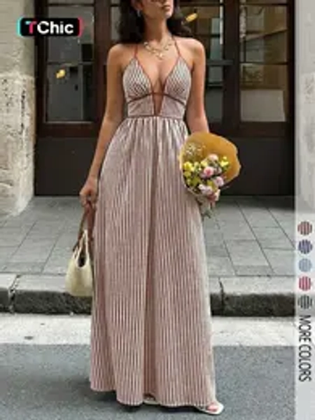 Women's French Style Casual Striped Halter Dress, Chic Elegant Deep V Neck Waist Cinch Long Dress for Vacation, Beach and Summer Womenswear, Boho Summer Dresses