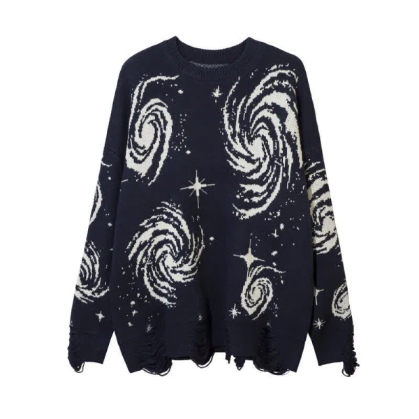 Eddy Print Round Collar Rippped Loose Sweater