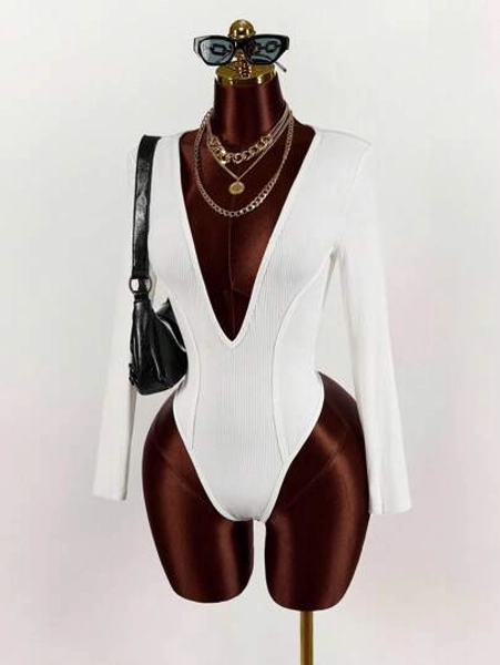 Amplova Body de mujer de manga larga con cuello en V profundo y diseño sólido