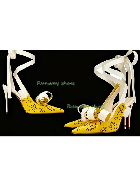 French Bright Yellow Pointed Stiletto Heels Banana Form Women's Shoes Silk Fabric Ankle Wrap Straps Banquet Women's Shoes 2026 - AliExpress 322