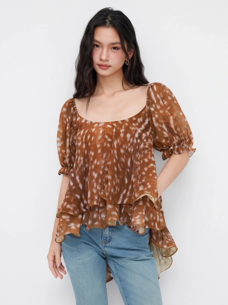 Chiffon U-neckline Deer Print Tie Back Ruffle Puff Sleeve Blouse