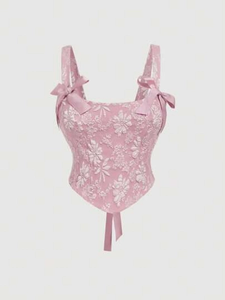 SHEIN MOD Plus Size Women Floral Jacquard Pink Camisole Tank Top,Valentine Day