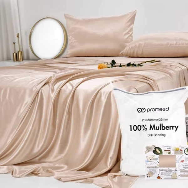 PROMEED 100% Pure Mulberry Silk Sheets King Set, Luxury 23 Momme 4pc Silk Bed Sheet Set, Includes Flat Sheet, Fitted Sheet and Pillowcases (Champagne, King)