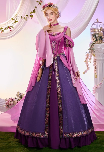 The Long Hair Princess Halloween Costume Medieval Dress with Wreath Headdress and Fluttering Ribbons