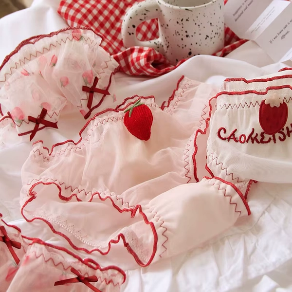 Red Strawberry Cute Mesh Underwear Women's Mid Waist Lace Transparent Sexy Panties Soft Breathable Ruffle Sweet Briefs Lingerie - AliExpress 200574005