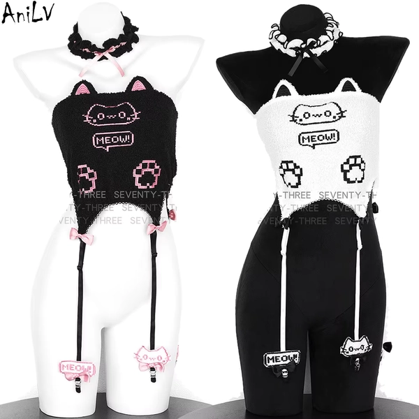 AniLV Game Machine Cat Outfits Anime Girl Cats Ears Paw Plush Top Garter Outfits Cosplay Costume - AliExpress 