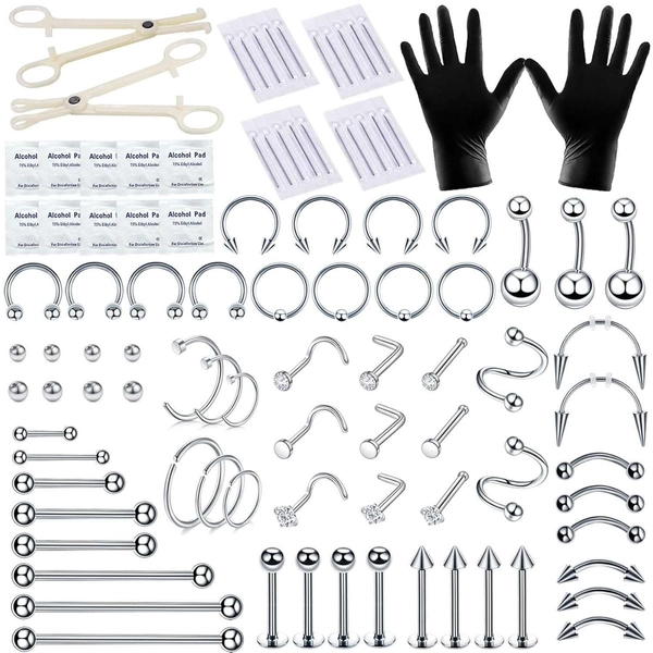 84Pcs Professional Body Piercing Tool Kit Ear Lip Nose Navel Ring Needle 14G 16G