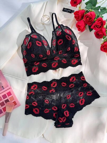 Women's Lip Print Embroidery Lace Bra & Panty Sexy Lingerie Set