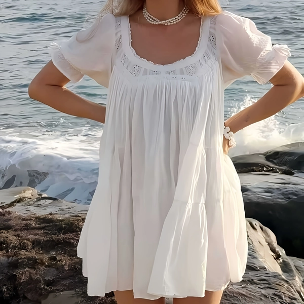 Women's Sweet White Lace Square Neck Puff Sleeve Tiered Mini Dress - Ruffle Hem Beach Vacation Casual Sundress